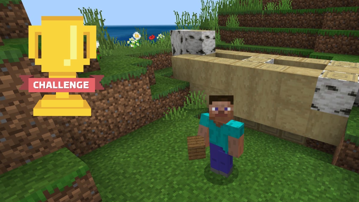 Minecraft's Steve works to build a canoe in an educational challenge level