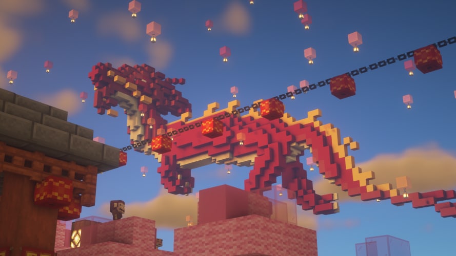 A Chinese dragon floats in the sky behind a string of dragons in Minecraft.