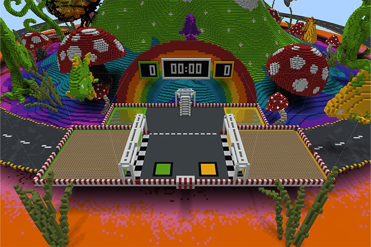 A competition scoreboard stands on a fantasy island in the Code 2 Create lesson, Splat Racers