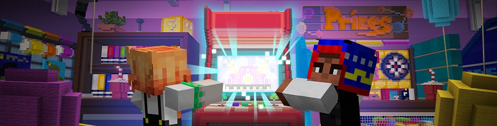 Minecraft characters playing an arcade game