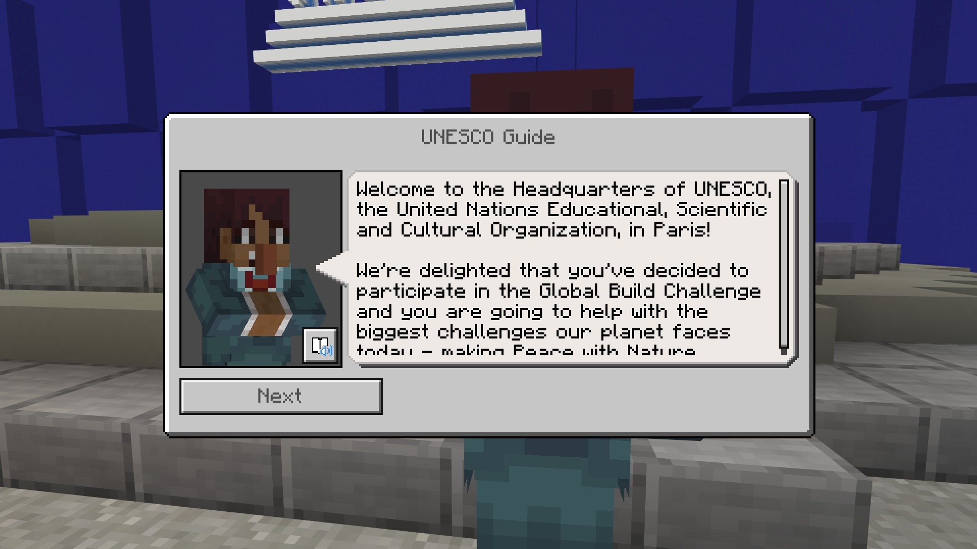 A UNESCO Guide character welcomes learners to the Global Build Challenge