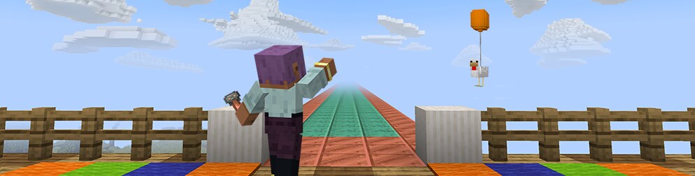 Minecraft character looking at a sky full of clouds. A single balloon floats in the distance.