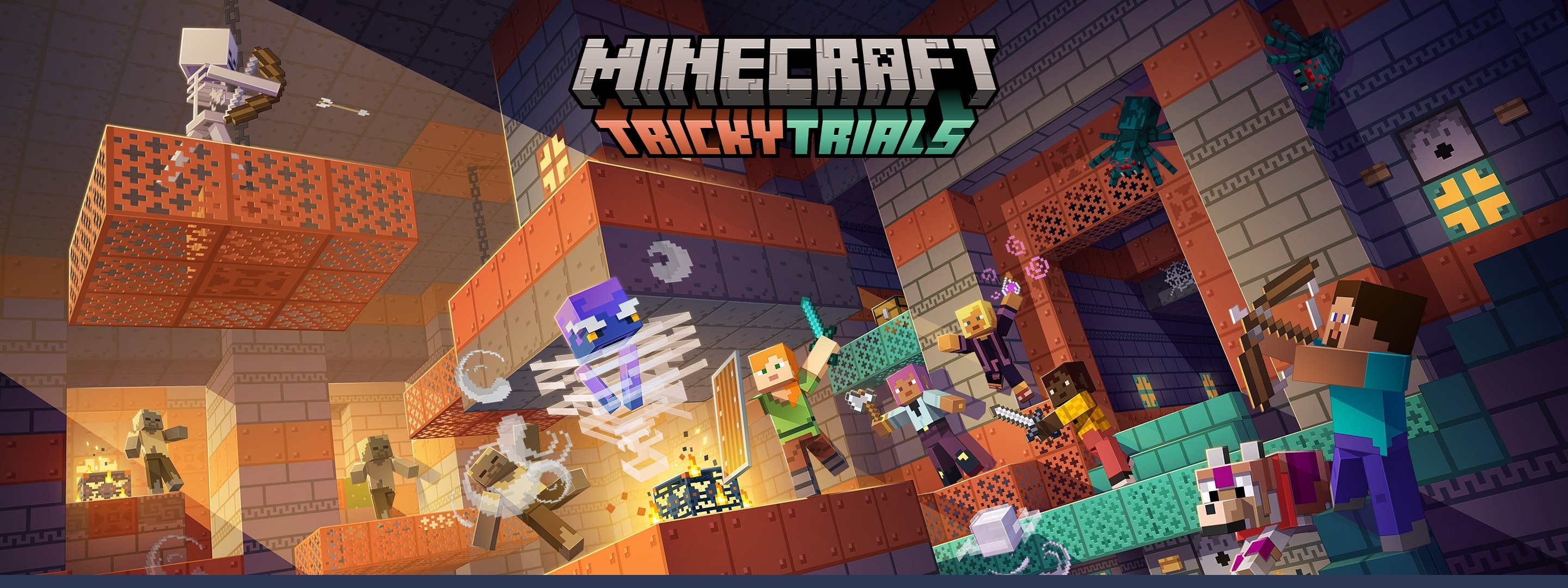 Minecraft Tricky Trials splash art showing Minecraft characters fighting various mobs in a Trial Chamber