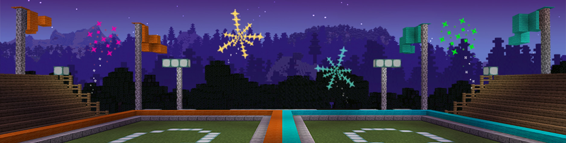 Fireworks over an Esports build template created in Minecraft Education