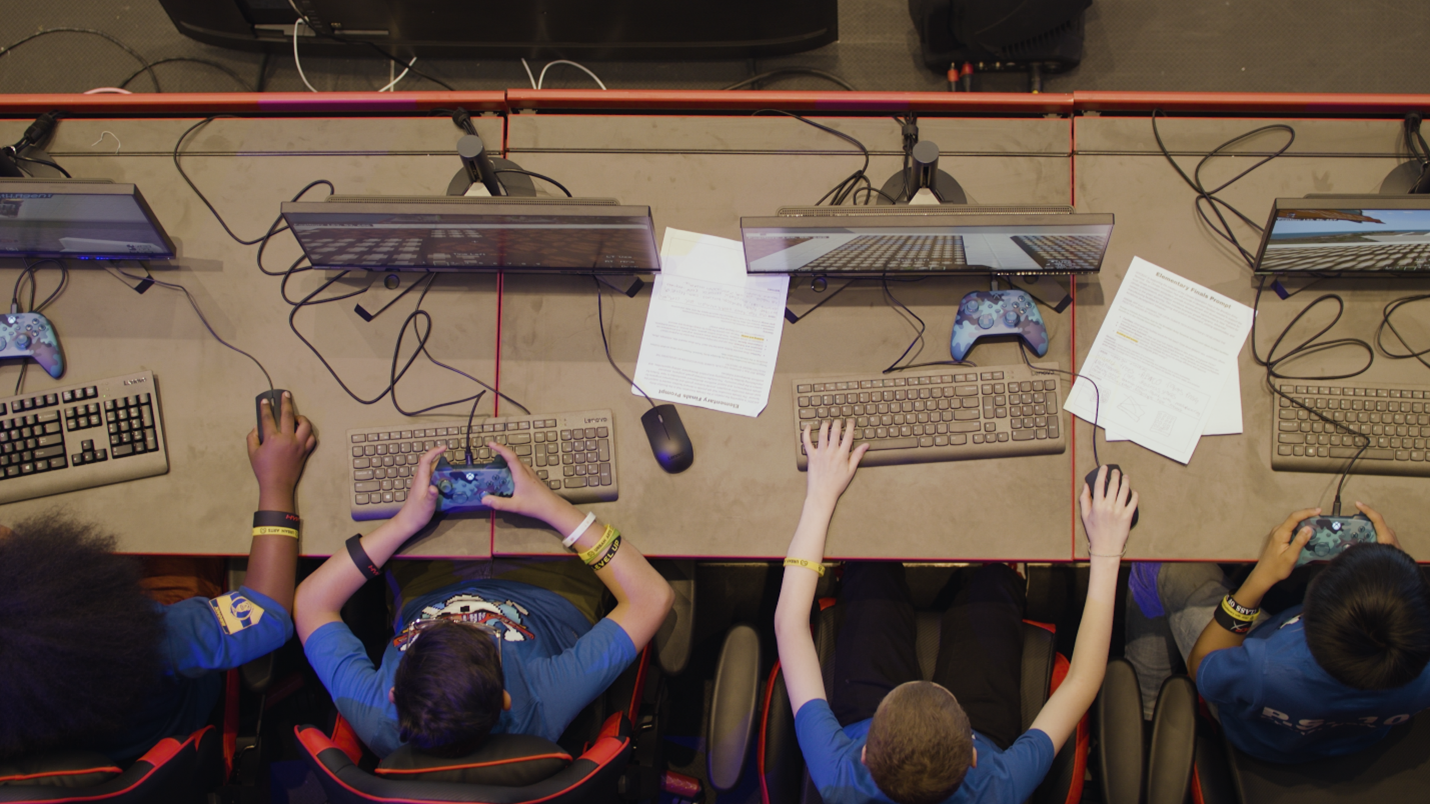 Overhead view of students working at computers