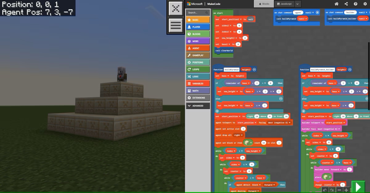 Minecraft Education block coding interface