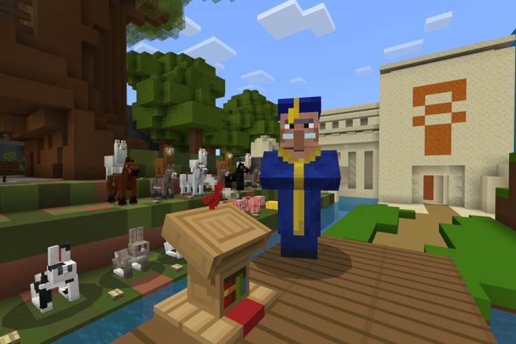 A non-player character in academic robes stands in on a platform beside a podium. Several animals look on from a grassy natural amphitheater.