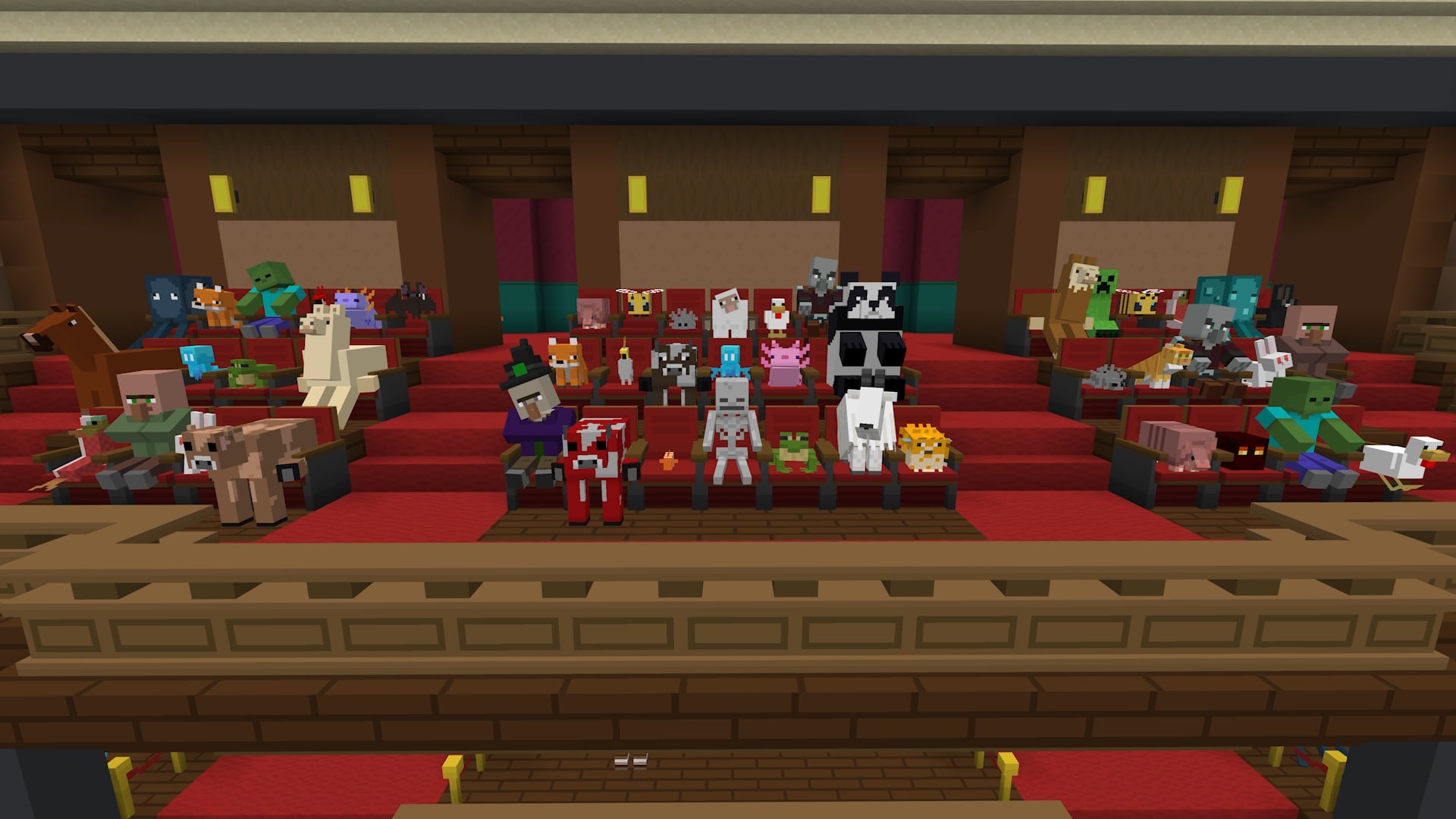 Minecraft mobs sitting in the audience of a Minecraft theatre.