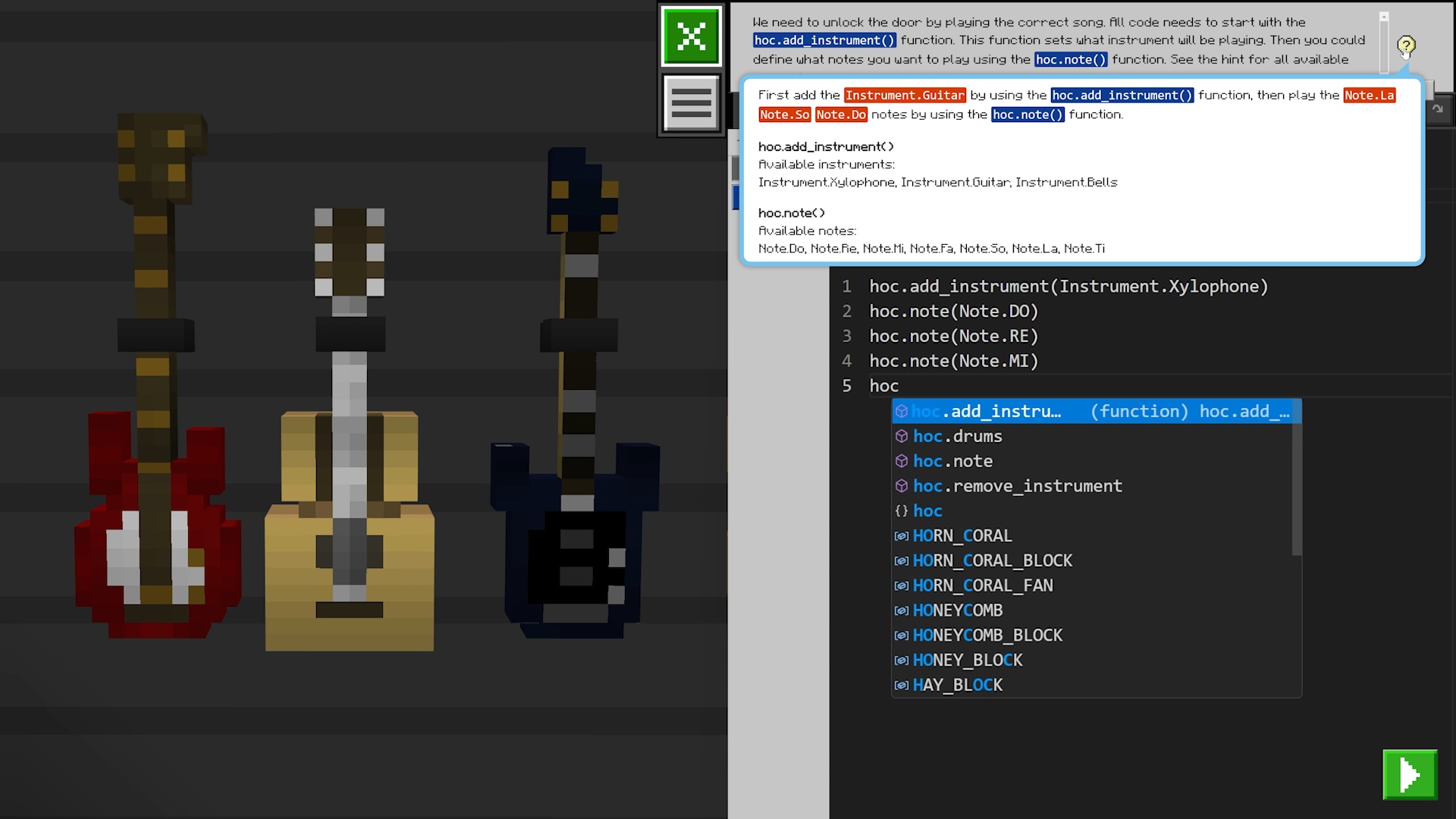 Guitars and the coding interface from Minecraft Education