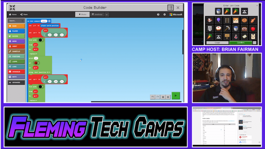 Fleming Tech Camps' virtual interface for teaching students, featuring the Code Builder interface.