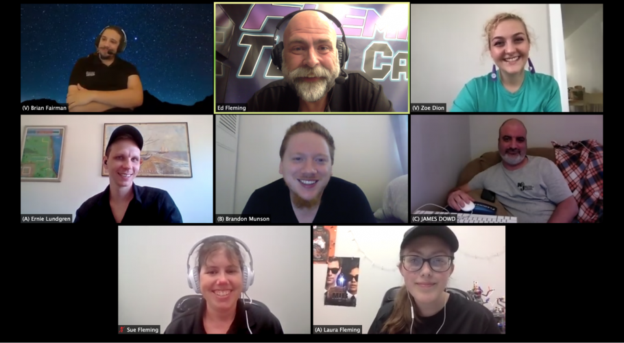A group of eight people on a virtual video call.