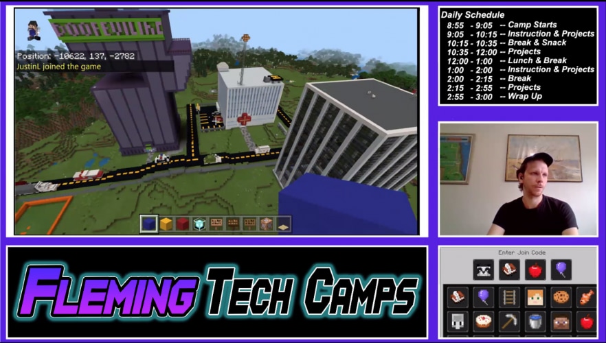 Fleming Tech Camps' virtual interface for teaching students, featuring several skyscrapers in Minecraft