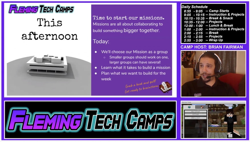 Fleming Tech Camps' virtual interface for teaching students.
