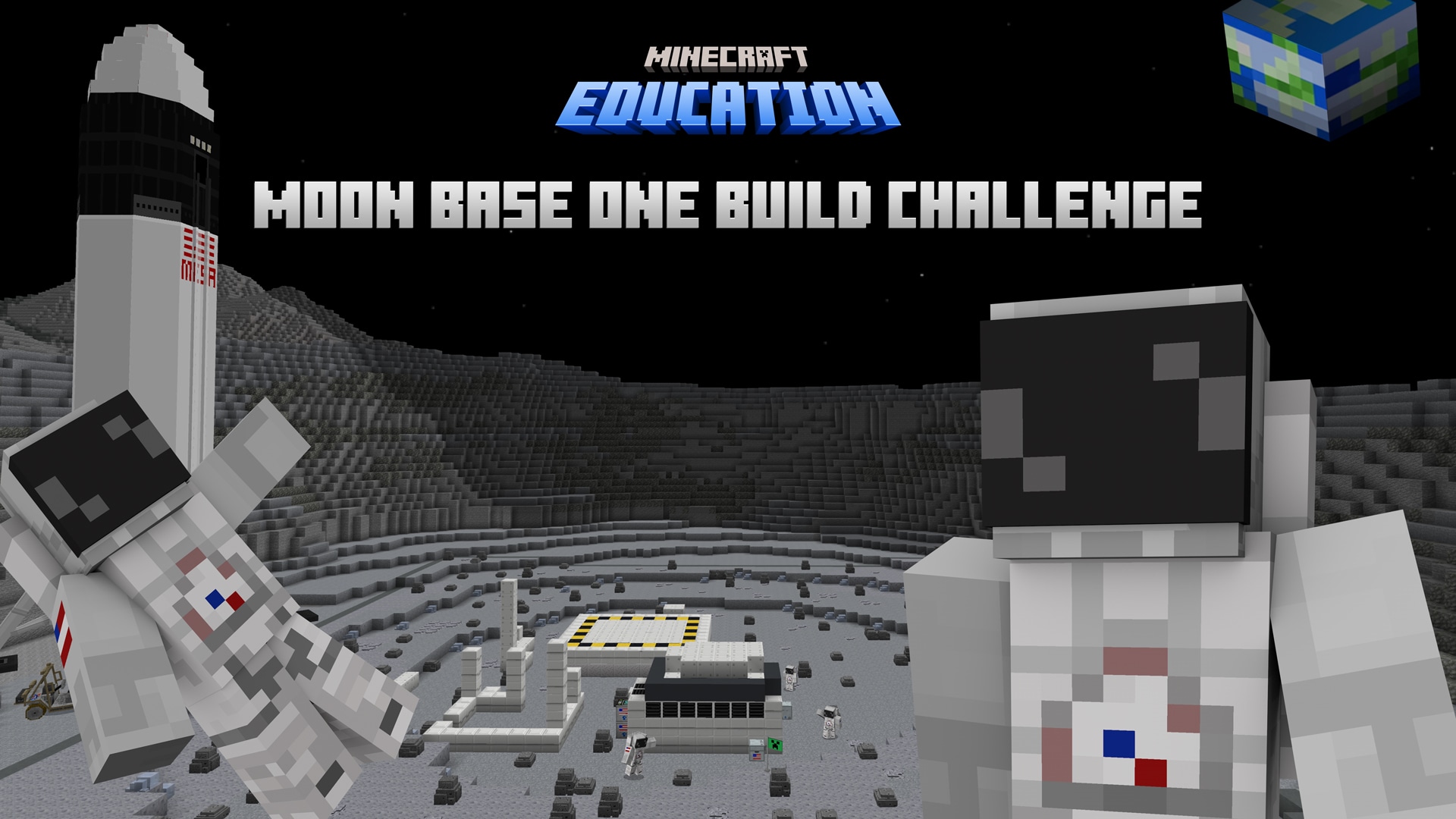 A Minecraft astronaut on a moon base with a cube-shaped Earth in the sky. Text reads Minecraft Education Artemis: Moon Base