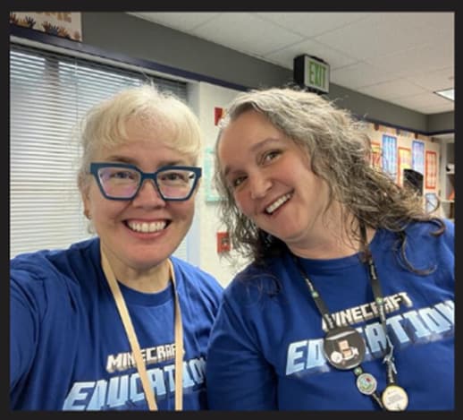 Melissa and Megan in Minecraft Education shirts