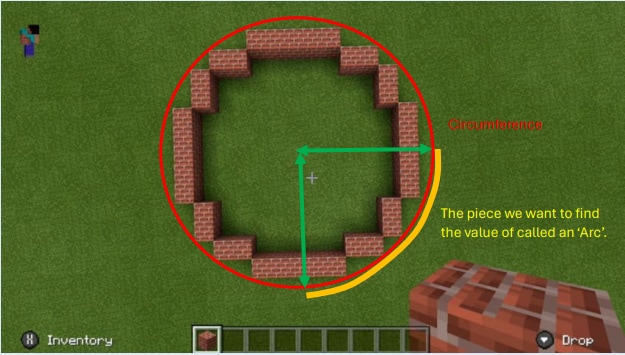 Demonstrating using pi to calculate circumfrence in Minecraft