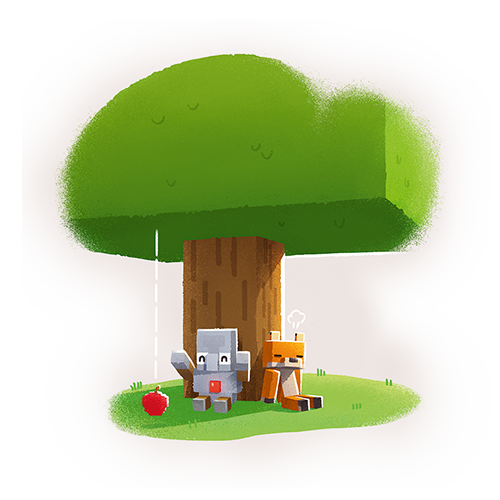 The agent and a fox sit under an apple tree.