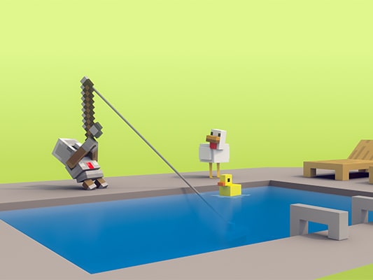 The Minecraft agent and a chicken are pulling on a fishing pole which is cast into a swimming pool.