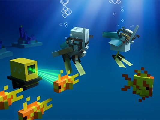 Minecraft エージェントとニワトリがスキューバ ダイビングをしながら、魚をスキャンして特定している。