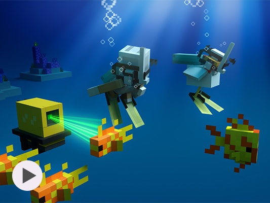 El agente de Minecraft y un pollo bucean mientras escanean e identifican peces.