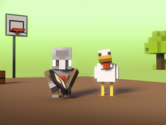 The Minecraft agent and a chicken are carrying a tablet on a basketball court.