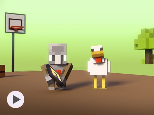 El agente de Minecraft y un pollo llevan una tableta en una cancha de baloncesto.