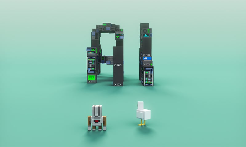 The Minecraft agent and a chicken are looking at a stack of computer components in the shape of the letters "AI"