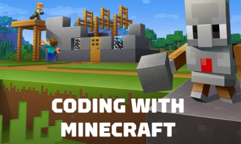 Steve, Alex, and the Minecraft agent are building a house. Text reads: Coding with Minecraft.