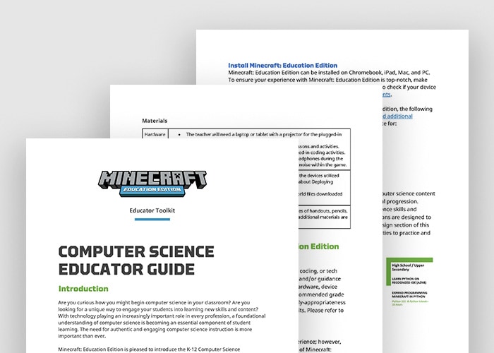 Several pages from the Minecraft Education Computer Science Educator Guide.