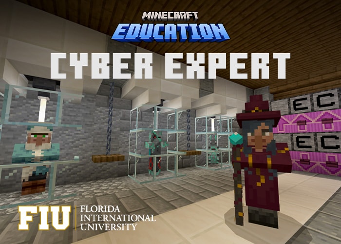 A wizard stands below an image caption: Cyber Expert. Creatures representing cyber threats are in cages along a wall.