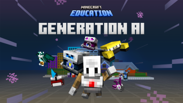 The Minecraft agent and other characters are below the text: Minecraft Education Generation AI