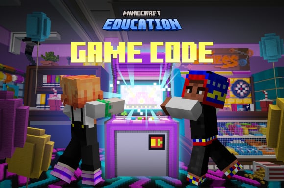 テキスト「Minecraft Education GameCode」の下で、ゲーム センターで輝くアーケード筐体に歩み寄る Minecraft キャラクター 2 人