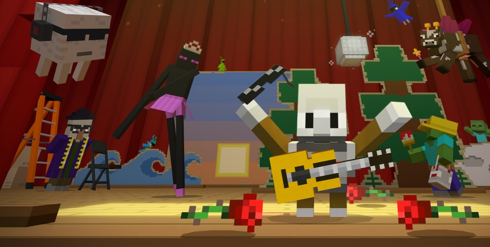 Minecraft Education scene with a skeleton playing guitar on stage, surrounded by various playful characters in a theater setting.