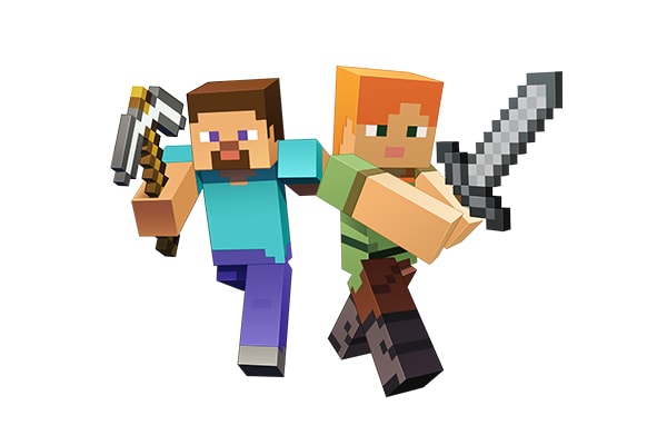 Alex and Steve holding a pickaxe and sword