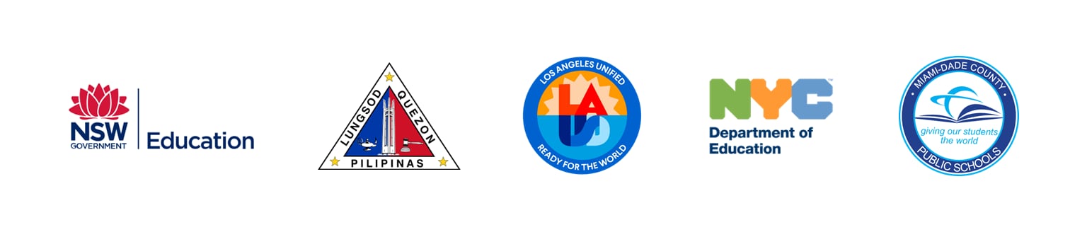 School district logos for New South Wales, Quezon City, Los Angeles, New York City, and Miami-Dade County