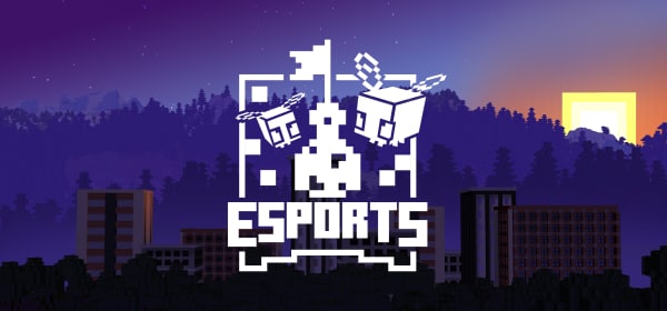 Minecraft Esports logo shows two bees racing towards a flag. Behind the logo is a sunset.