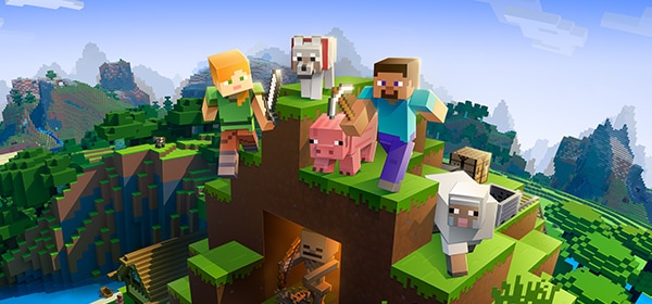 Alex and Steve stand atop a hill alongside a pig, sheep, and dog