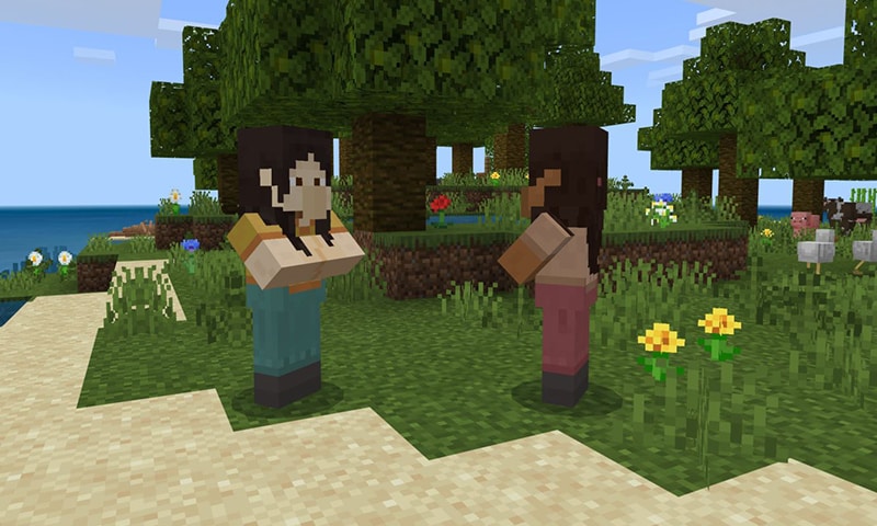 Two villagers meet near a forest