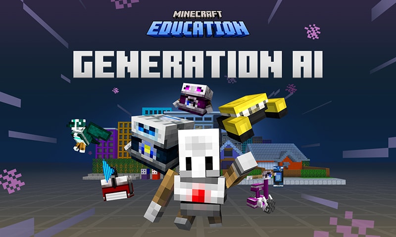 El agente y varios robots están parados debajo del texto: Minecraft Education Generation AI