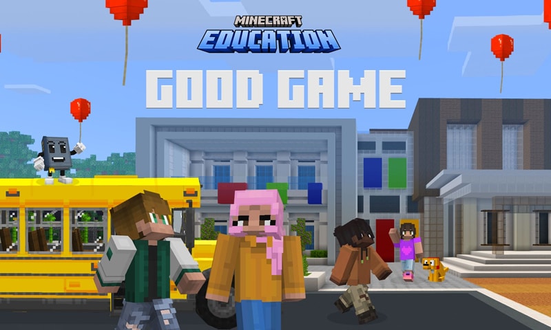 Los estudiantes de Minecraft que llegan a la escuela en un colectivo se muestran debajo del texto: Minecraft Education Good Game