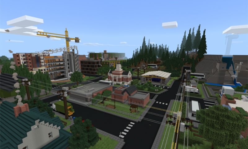 A complex cityscape built in Minecraft