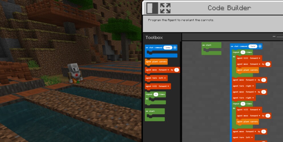 Code builder is used to program the Minecraft agent