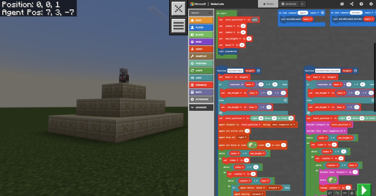 A split screen shows both the Minecraft Education agent and the Minecraft Code Builder interface