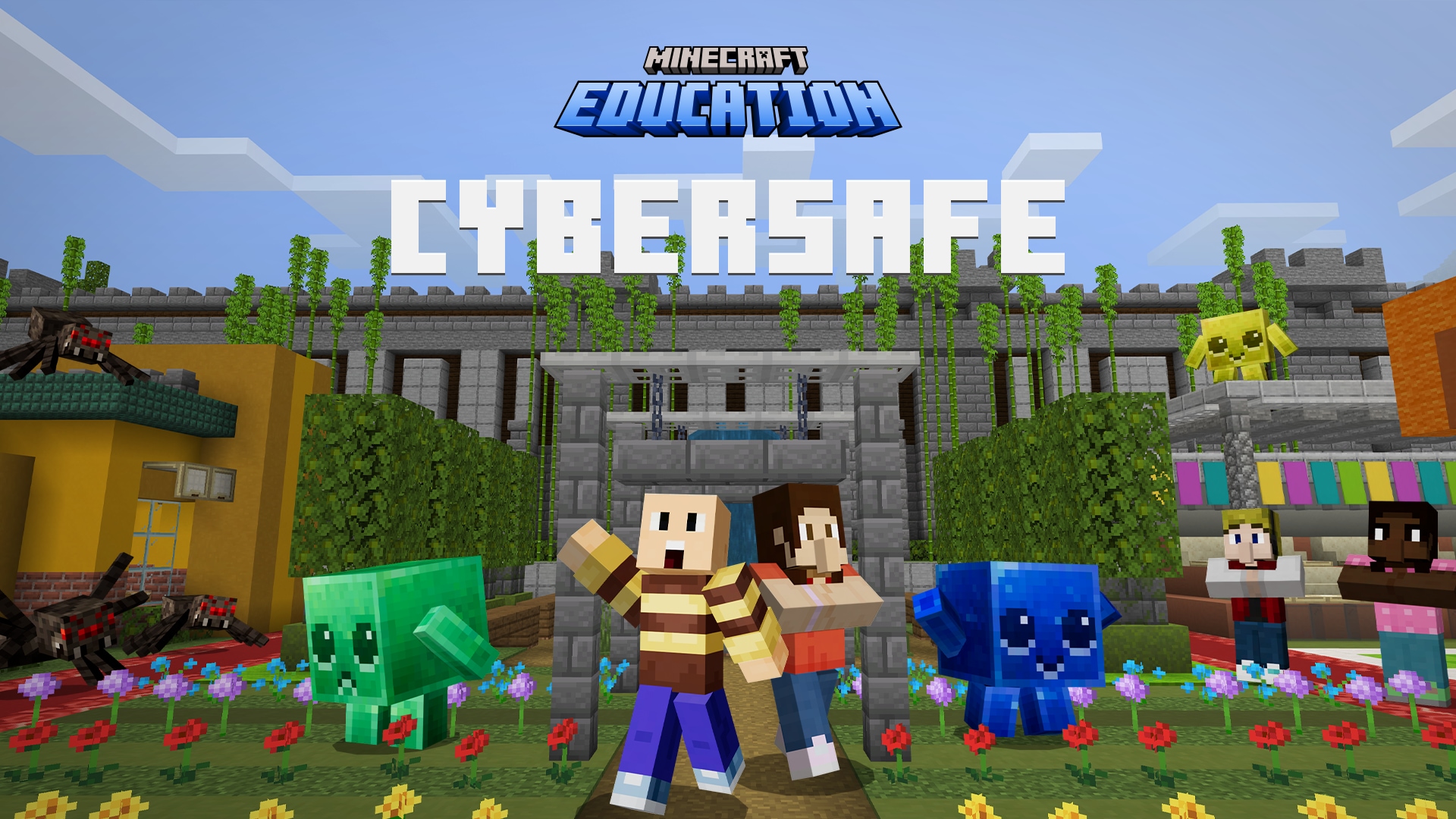 Minecraft people and data byte characters walk through a walled garden below the image caption: Cyber Safe.