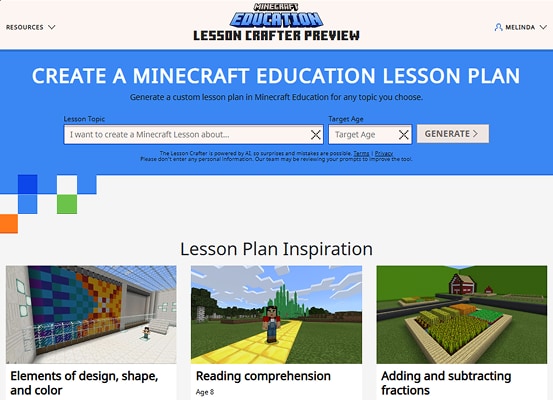 The interface for the Lesson Crafter which guides you through the process of creating a Minecraft Education lesson plan