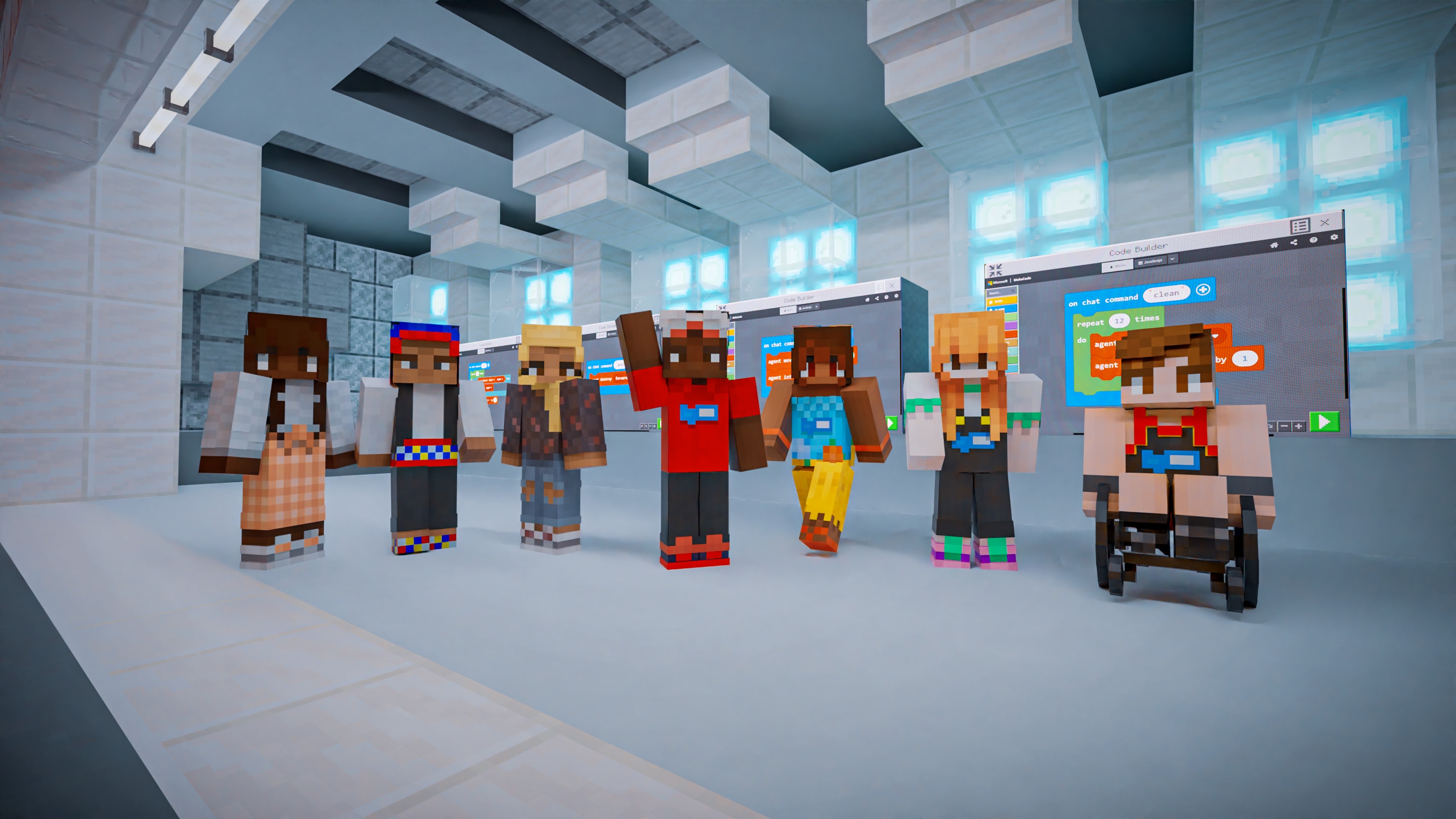 A group of mobs standing within Minecraft universe