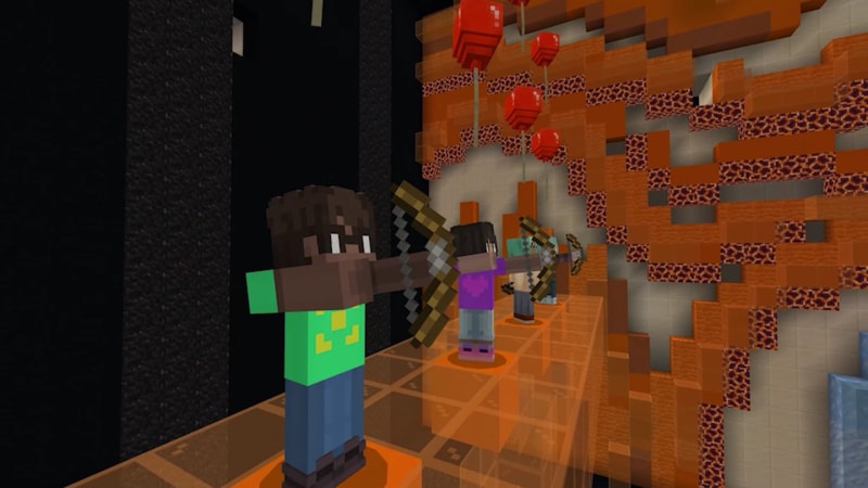 Several Minecraft characters compete in archery by popping balloons
